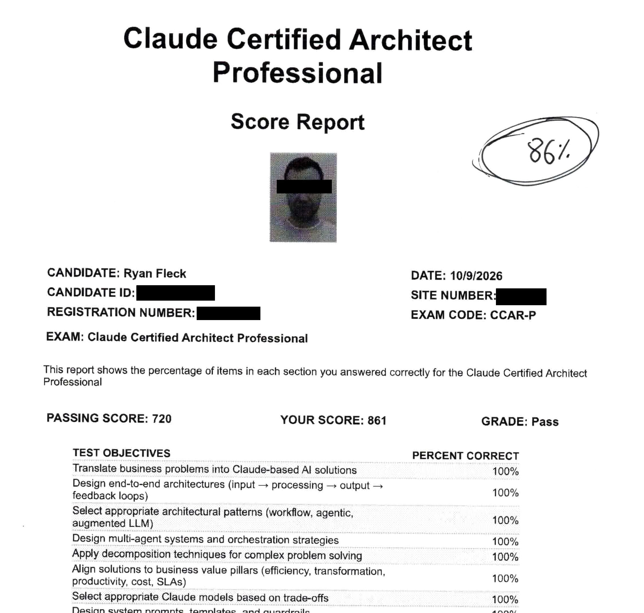 Figure 2: I passed the CCAR-P with a score of 861/1000 on 2026-10-09.